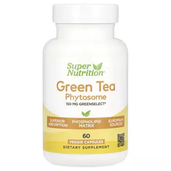 Super Nutrition, Green Tea Phytosome, фитосомы зеленого чая, 150 мг, 60 растительных капсул