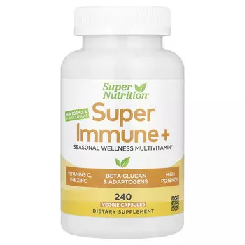 Super Nutrition, Super Immune+, мультивитамины с суперадаптогенами, зеленью, специями и антиоксидантами, 240 растительных капсул