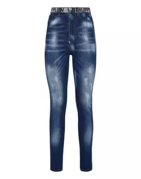 Супер-высокие джеггинсы с камнями Philipp Plein TM и кристаллами, цвет blue shark