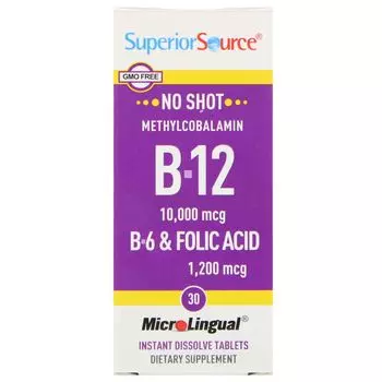 Superior Source B-12 10000 мкг / B-6 и фолиевая кислота 1200 мкг 30 микролингвальных быстрорастворимых таблеток