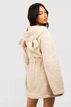Супермягкий флисовый халат с капюшоном boohoo, бежевый