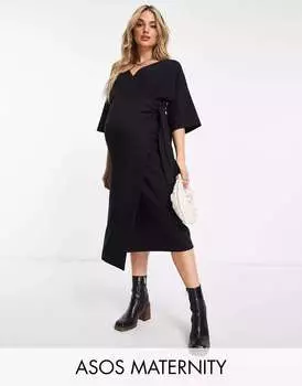 Супермягкое черное платье-джемпер миди с запахом и поясом ASOS DESIGN Maternity