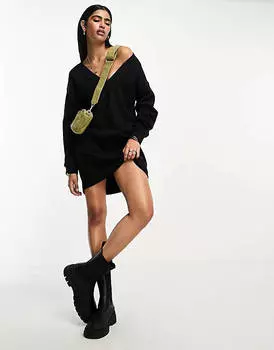 Супермягкое черное платье-джемпер с v-образным вырезом и напуском ASOS DESIGN