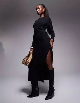 Супермягкое черное платье макси с длинными рукавами и сборками по бокам ASOS DESIGN