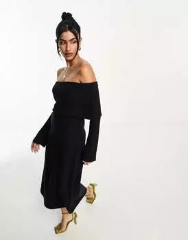 Супермягкое черное платье миди ASOS с вырезом кармен и расклешенными рукавами
