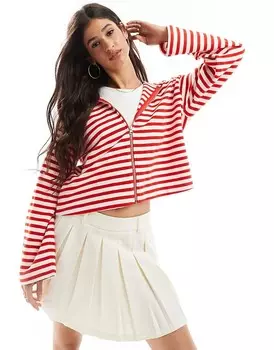 Супермягкое красно-белое худи на молнии в полоску ASOS DESIGN