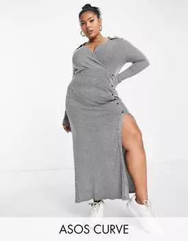 Супермягкое макси в рубчик с длинными рукавами и воротником ASOS DESIGN Curve серого цвета космической покраски