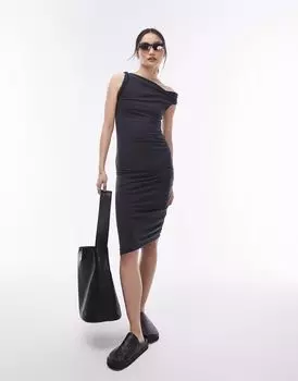 Супермягкое миди-платье с открытыми плечами Topshop Premium темно-серого цвета