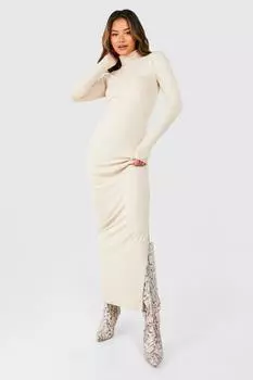Супермягкое облегающее платье макси премиум-класса с высоким воротником boohoo, бежевый