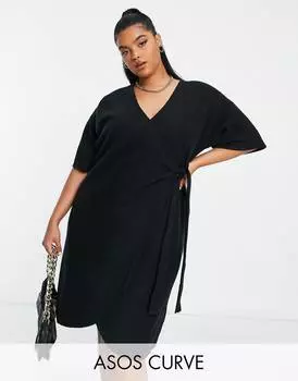 Супермягкое платье-джемпер с запахом и поясом ASOS DESIGN Curve черного цвета