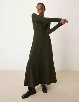 Супермягкое платье макси ASOS DESIGN цвета хаки с длинными рукавами и отделкой стежками