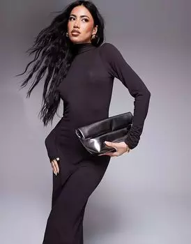 Супермягкое платье мидакси с длинными рукавами и отделкой из шарфа в шоколадном цвете ASOS DESIGN