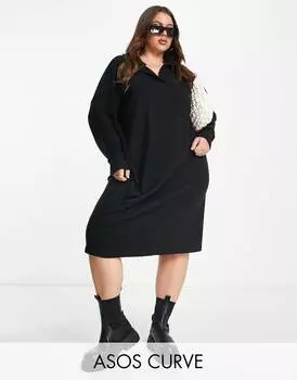Супермягкое платье миди поло с длинными рукавами ASOS DESIGN Curve черного цвета