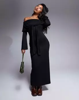 Супермягкое платье-миди с длинными рукавами и завязками черного цвета ASOS DESIGN