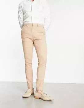 Супероблегающие элегантные брюки из смесовой шерсти ASOS DESIGN в клетку верблюжьего цвета с окном