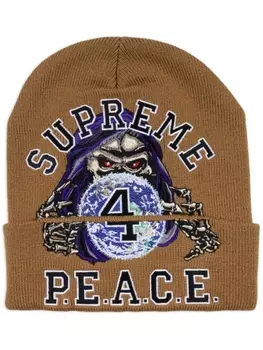 Supreme шапка бини с вышивкой Peace, коричневый