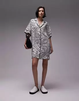 Сувенирное черно-белое короткое платье-рубашка-бандана Topshop