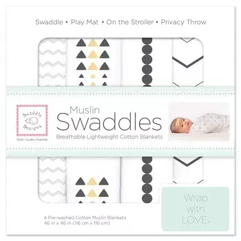 Swaddle Designs Хлопковые муслиновые пеленальные одеяла, набор из 4 штук, одеяла для маленьких мальчиков и девочек, лучший подарок для душа, 46x46 дюймов, золото и графит SwaddleDesigns, Gold & Graphite