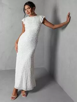 Свадебное платье макси с рюшами и блестками на рукавах Maya Deluxe, белый