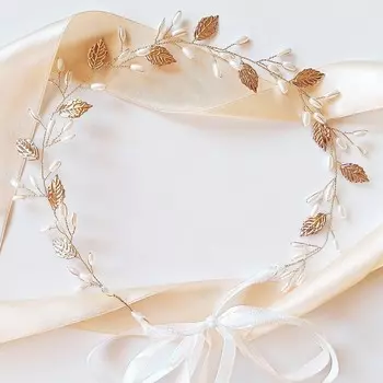Свадебный коконет, золотая повязка для волос с листьями и жемчугом Kokonet