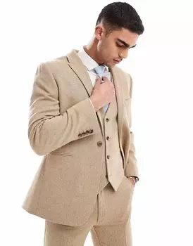 Свадебный пиджак ASOS DESIGN из смеси шерсти и шерсти, бежевый, с плетеной текстурой