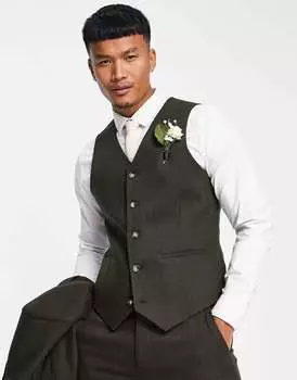 Свадебный узкий костюм-жилет из смесовой шерсти ASOS оливкового цвета с сетчатой текстурой
