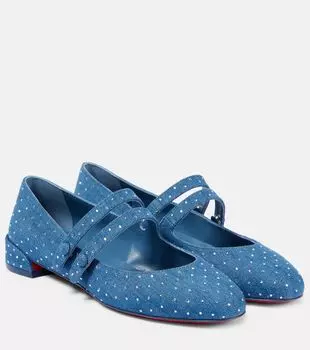 Sweet Jane декорированные балетки Mary Jane из денима Christian Louboutin, Blue/Cry Blue Shade/Lin Jeans