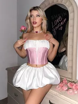 Sweetina, Сверкающая мини-юбка, плиссированная форма, заниженная талия, новейший вариант, гладкий низ, на весну Shein, белый