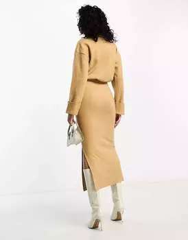 Сверхмягкое светло-коричневое платье-джемпер с объемными рукавами и поясом ASOS