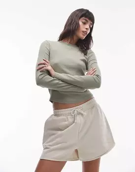 Светлая хаки-футболка с длинными рукавами в рубчик Topshop