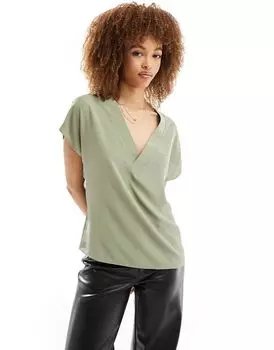 Светлая хаки тканая футболка с V-образным вырезом ASOS DESIGN