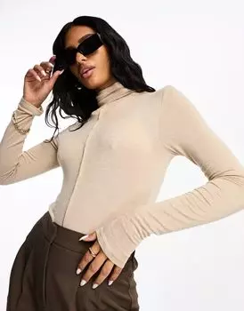 Светло-бежевое боди тонкой вязки ASOS с водолазкой и декоративными деталями