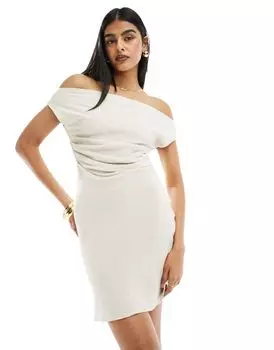 Светло-бежевое мини-платье косого кроя с вырезом лодочкой и присборенной талией ASOS DESIGN