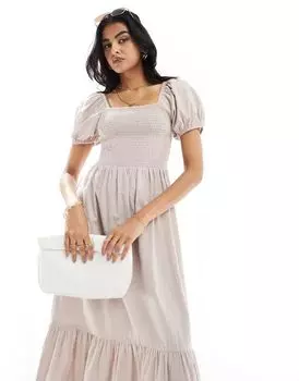 Светло-бежевое пляжное платье миди с пышными рукавами Esme