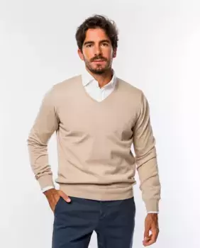 Светло-бежевый мужской свитер из 100% хлопка с V-образным вырезом Wickett Jones, бежевый