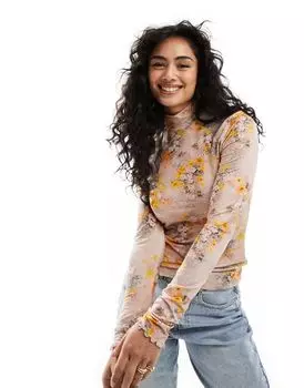 Светло-бежевый топ с длинными рукавами и высоким воротником & Other Stories с декоративной строчкой