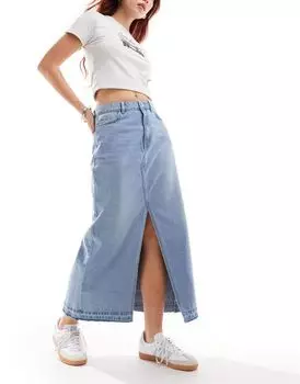 Светло-голубая джинсовая юбка макси с разрезом спереди JDY