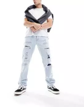 Светло-голубые прямые джинсы с заплатками ASOS