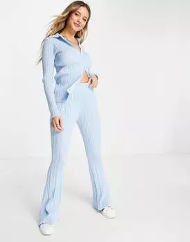 Светло-голубые широкие трикотажные брюки в рубчик асимметричной формы Miss Selfridge