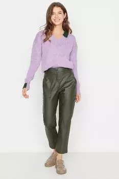 Светло-хаки Сигаретные тканые брюки из искусственной кожи Trendyol