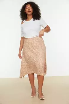 Светло-коричневая асимметричная трикотажная юбка с цветочным узором Trendyol, коричневый