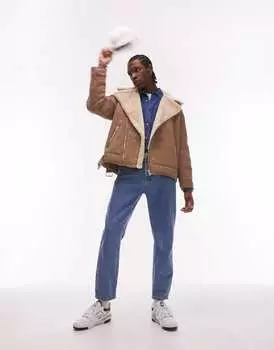 Светло-коричневая байкерская куртка из искусственной овчины Topman