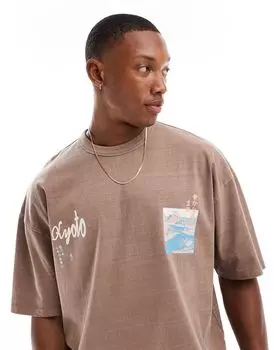 Светло-коричневая футболка оверсайз с уличным принтом на спине ASOS DESIGN
