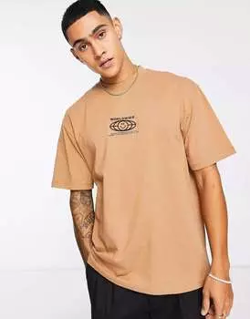 Светло-коричневая футболка оверсайз Topman с вышивкой в виде земного шара