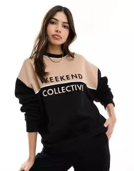 Светло-коричневая и черная оверсайз-толстовка в стиле колор-блок ASOS DESIGN Weekend Collective