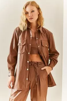 Светло-коричневая кожаная рубашка с двумя карманами 3YXK2-47549-30 XHAN