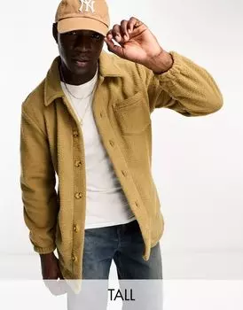 Светло-коричневая куртка-рубашка в стиле тедди Threadbare Tall с планкой на пуговицах