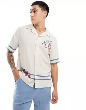 Светло-коричневая льняная рубашка с короткими рукавами и вышивкой Abercrombie & Fitch