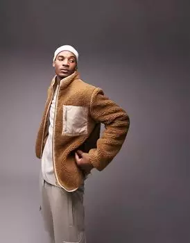 Светло-коричневая меховая куртка Topman со вставками из нейлона