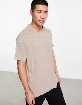 Светло-коричневая рубашка-поло свободного кроя в рубчик с ревером ASOS DESIGN
